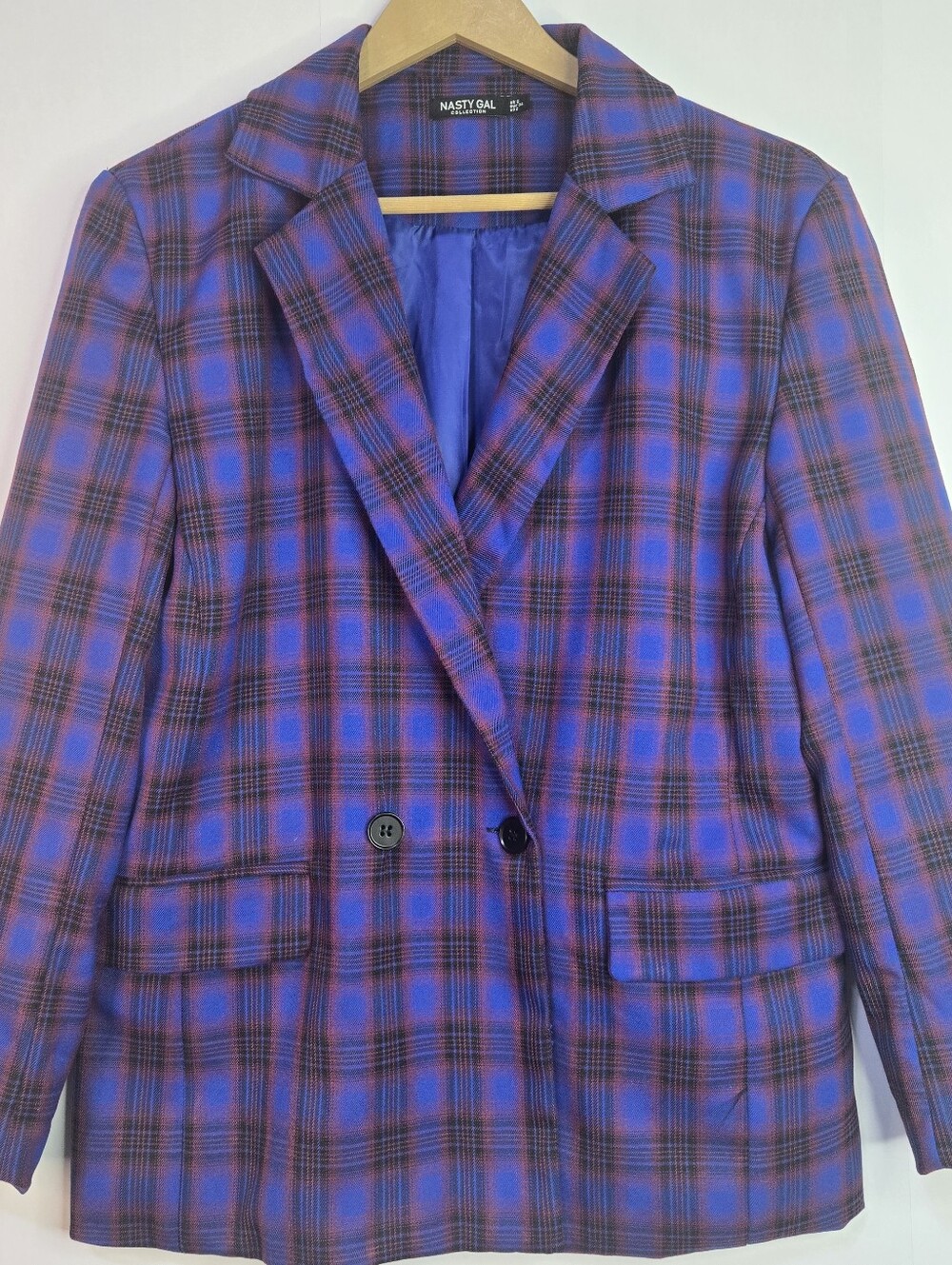 Nasty Gal Women Size 2 (Small) Bold Blue 2-Button Plaid Lined Blazer, Pockets - Picture 2 of 10